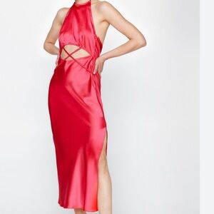 Nasty Gal Satin Strappy Cut Out Midi Dress Dark Pink Size US 14 UK 18